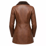 Women’s Brown Shearling-Lined Leather Coat | Warm Button Front Winter Jacket
