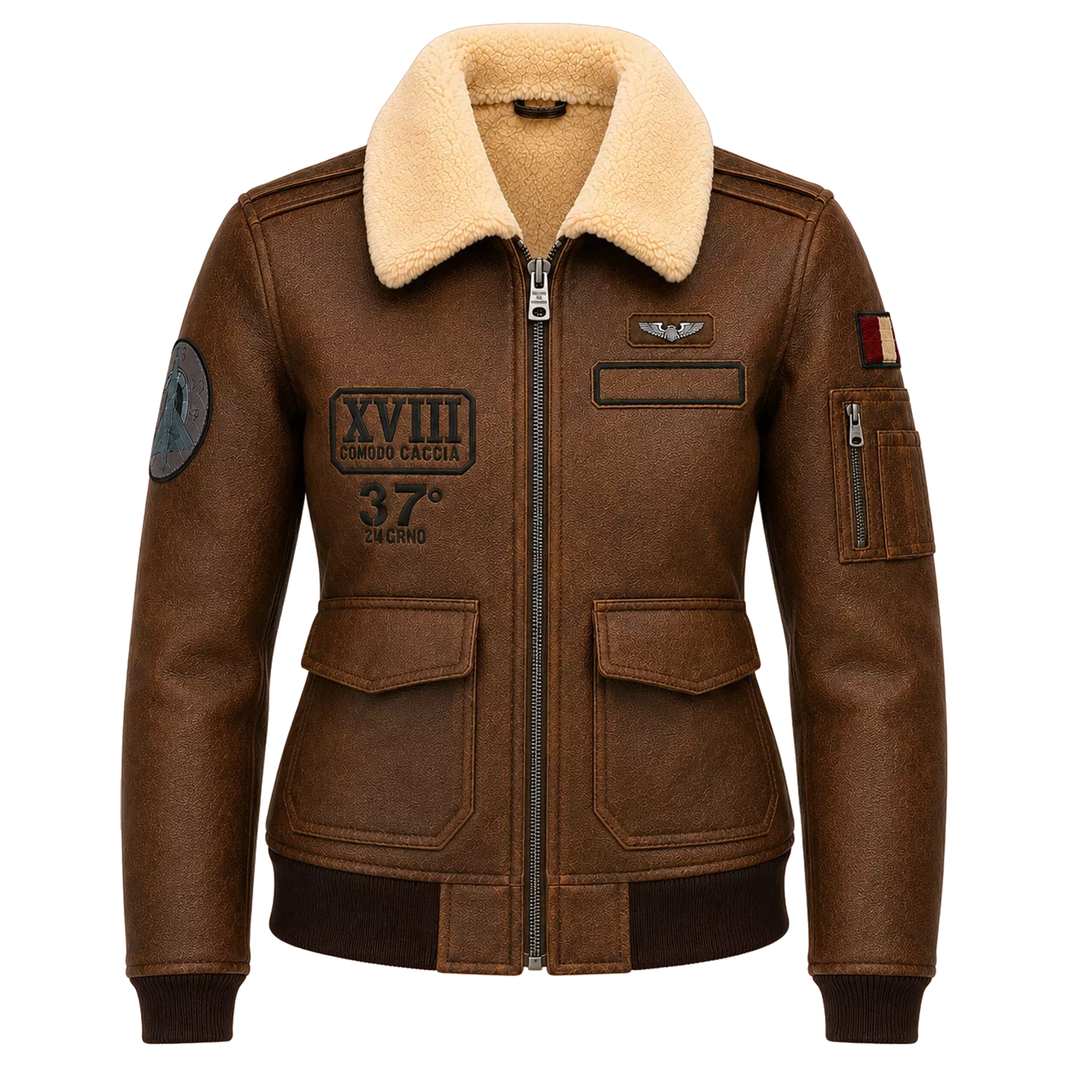 Women’s Brown Shearling Aviator Leather Jacket | Patch Detail Bomber Jacket