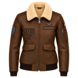 Women’s Brown Shearling Aviator Leather Jacket | Patch Detail Bomber Jacket
