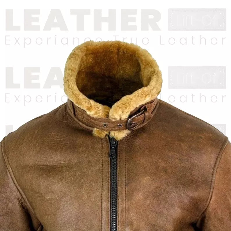 Women’s Brown Shearling Leather Aviator Jacket  Warm Winter Zip Jacket