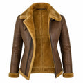 Women’s Brown Shearling Leather Aviator Jacket  Warm Winter Zip Jacket