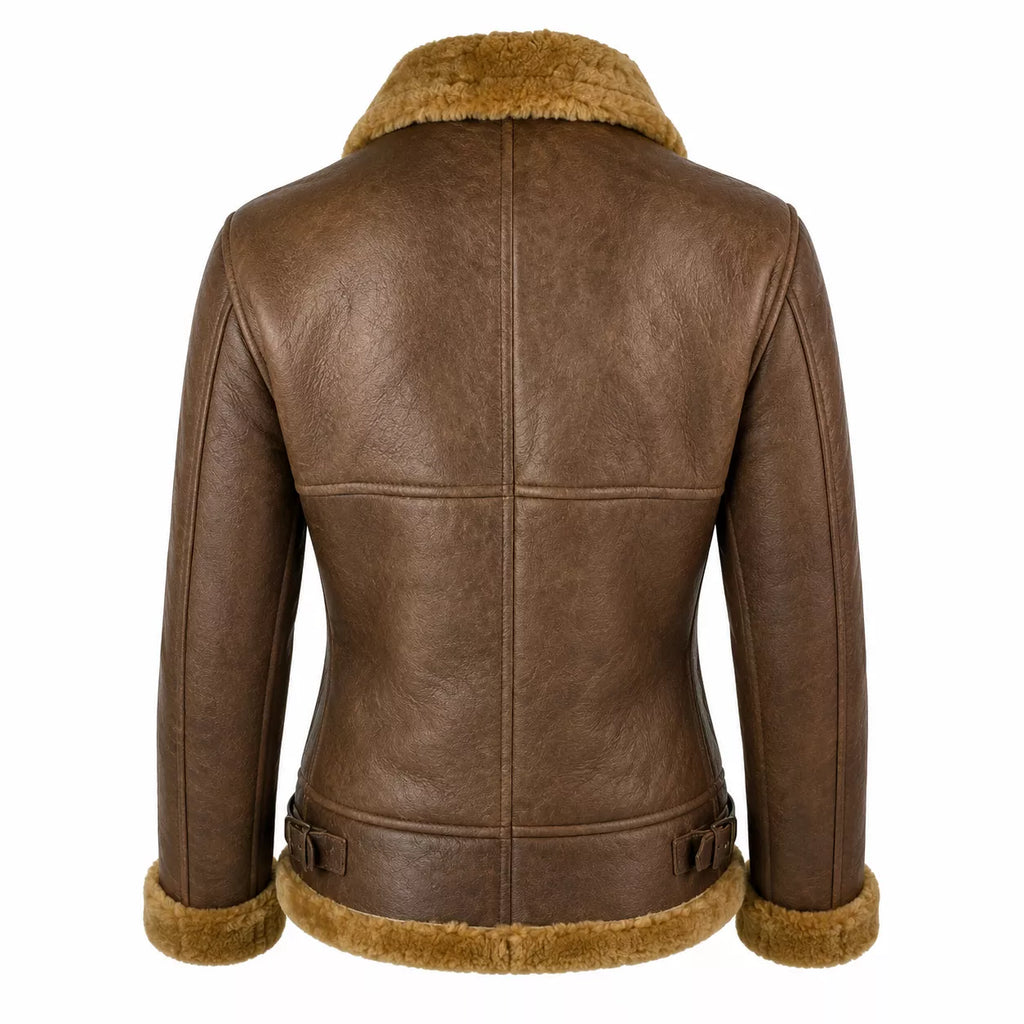 Women’s Brown Shearling Leather Aviator Jacket  Warm Winter Zip Jacket