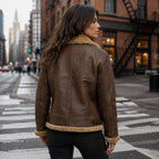 Women’s Brown Shearling Leather Aviator Jacket  Warm Winter Zip Jacket