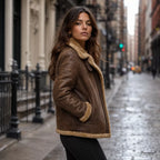 Women’s Brown Shearling Leather Aviator Jacket  Warm Winter Zip Jacket