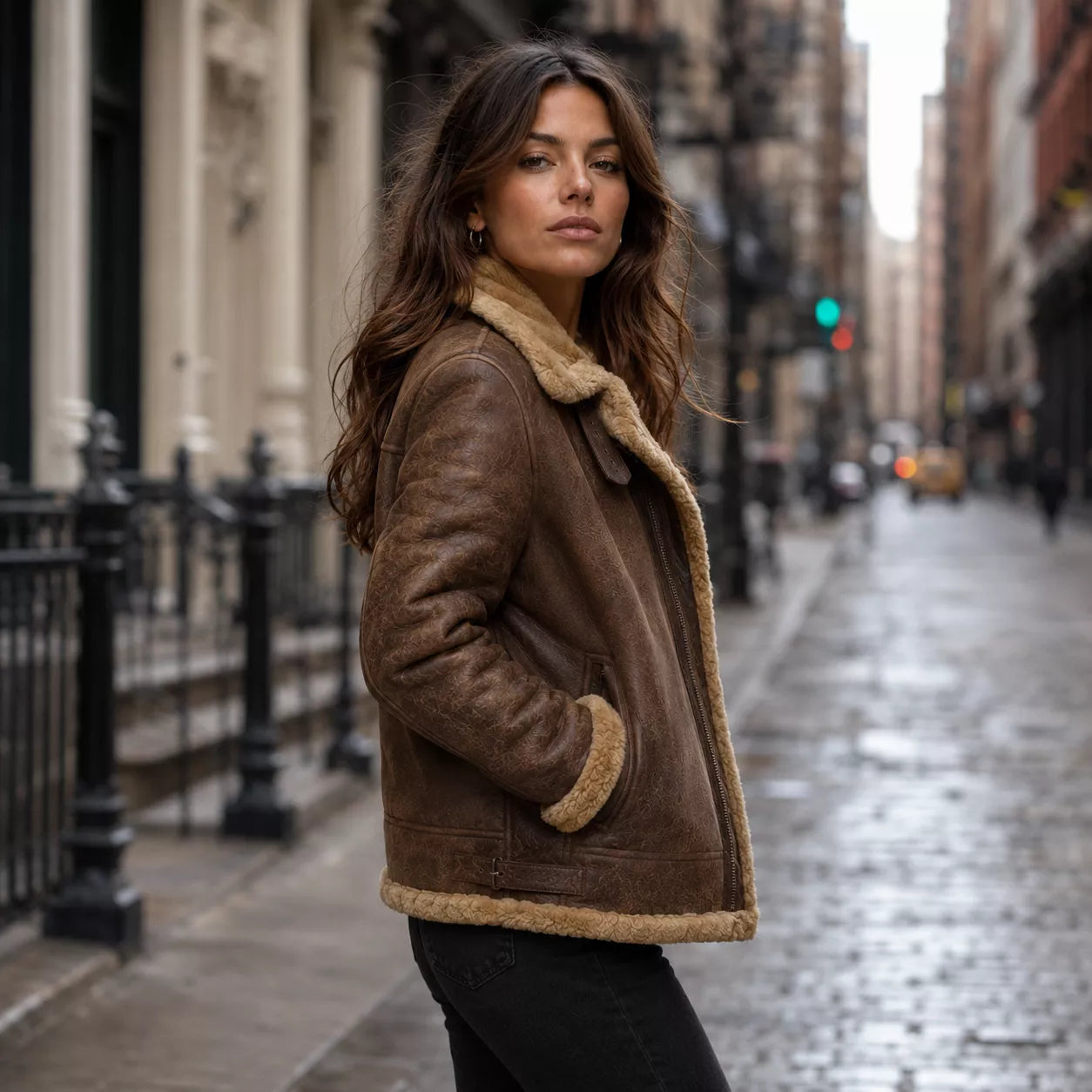 Women’s Brown Shearling Leather Aviator Jacket  Warm Winter Zip Jacket