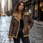 Women’s Brown Shearling Leather Aviator Jacket  Warm Winter Zip Jacket