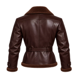 Women’s Brown Shearling Leather Biker Jacket | Belted Aviator Moto Style