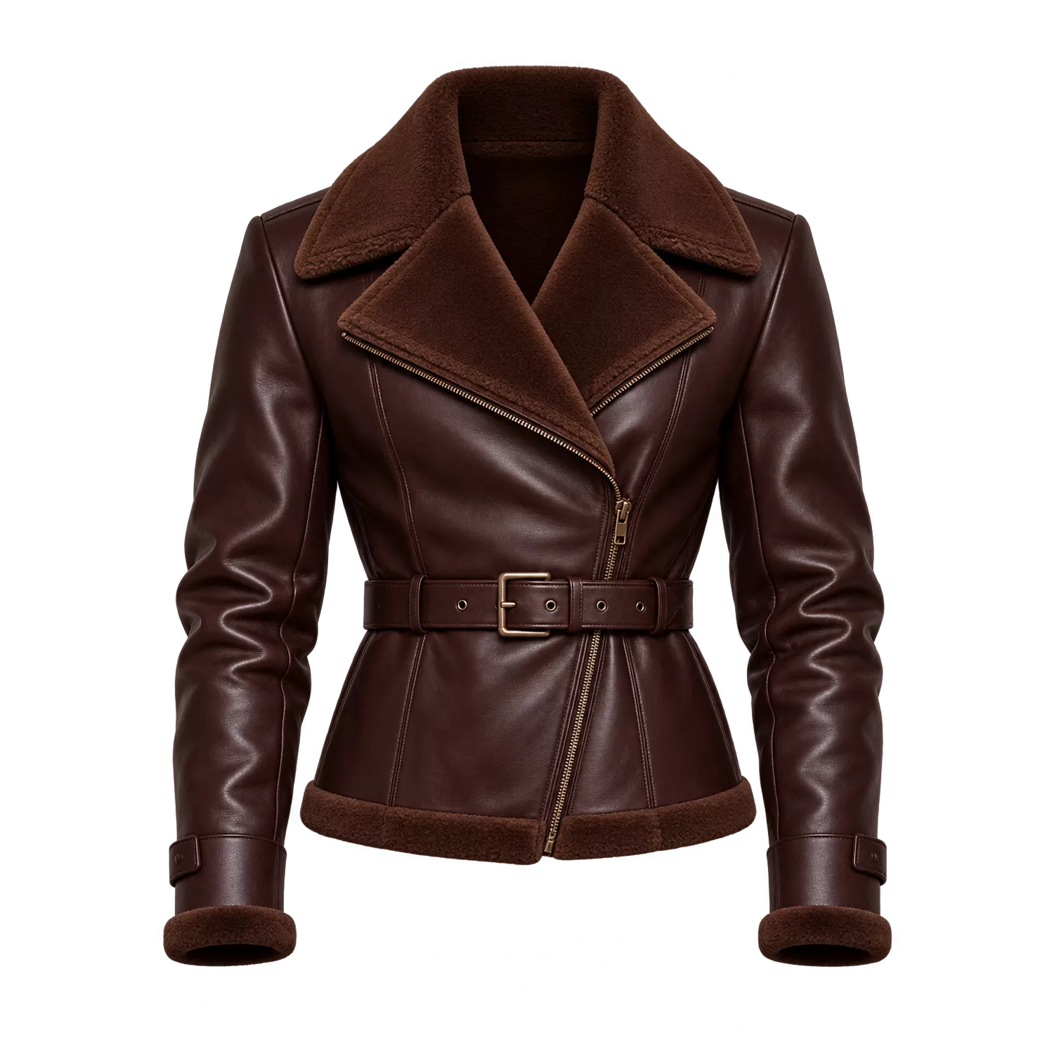 Women’s Brown Shearling Leather Biker Jacket | Belted Aviator Moto Style