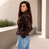 Women’s Brown Shearling Leather Biker Jacket | Belted Aviator Moto Style