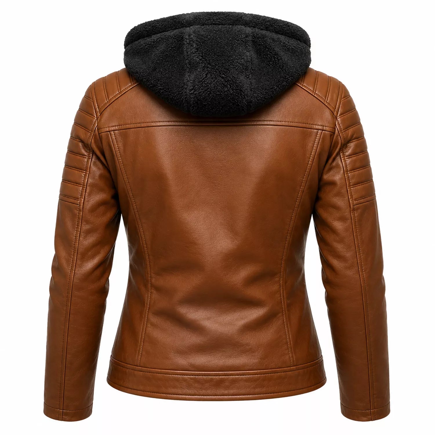 Women’s Brown Sherpa-Lined Leather Jacket | Hooded Biker Style