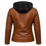 Women’s Brown Sherpa-Lined Leather Jacket | Hooded Biker Style