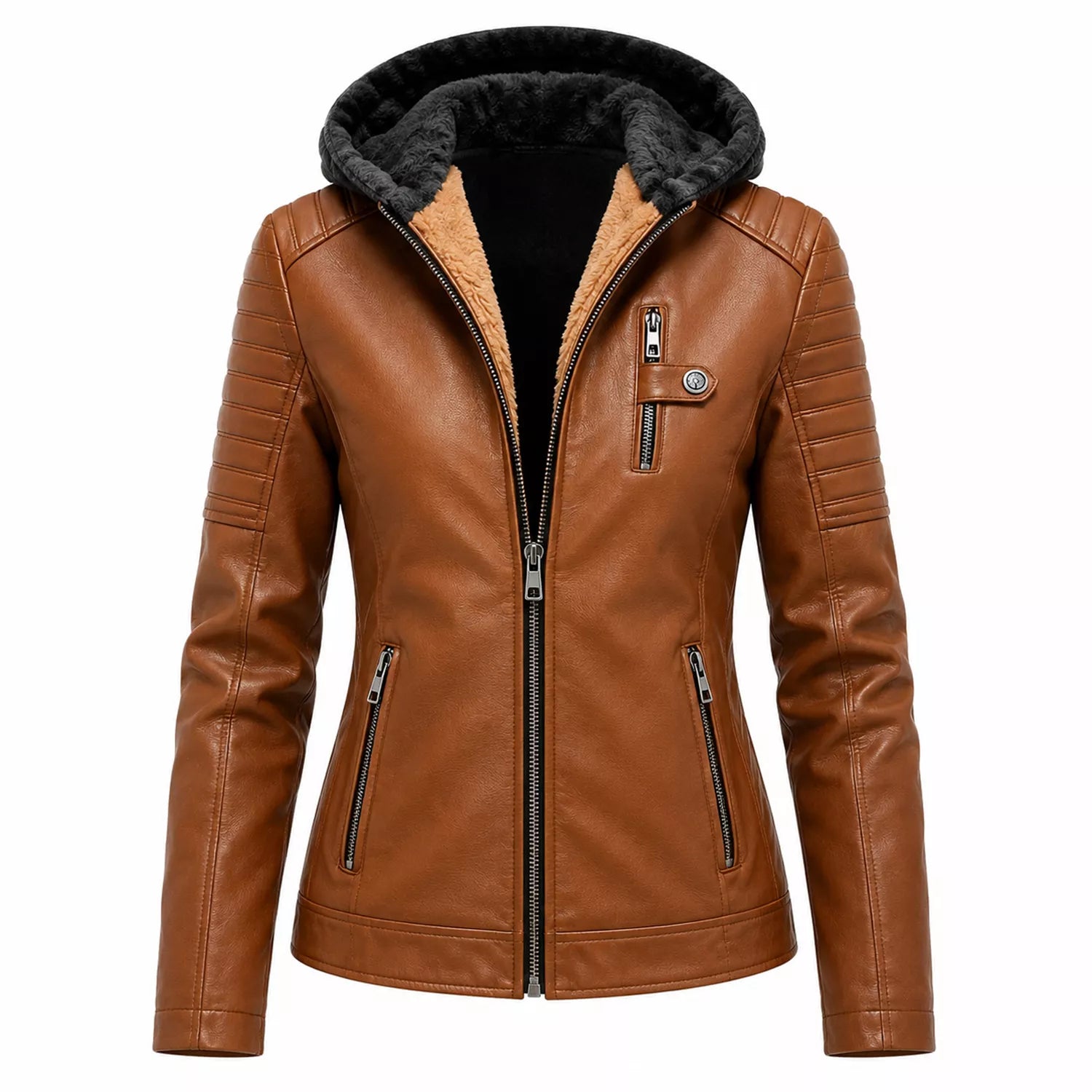 Women’s Brown Sherpa-Lined Leather Jacket | Hooded Biker Style