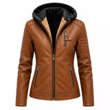 Women’s Brown Sherpa-Lined Leather Jacket | Hooded Biker Style