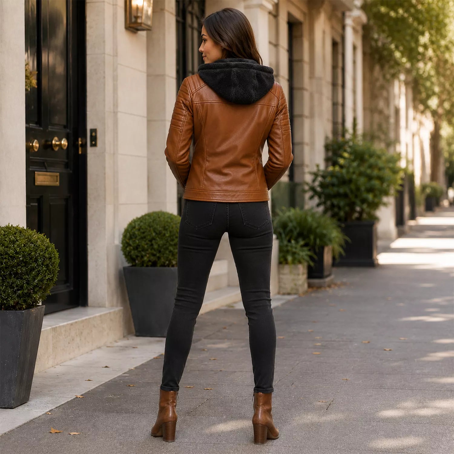 Women’s Brown Sherpa-Lined Leather Jacket | Hooded Biker Style