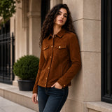Women’s Brown Suede Trucker Jacket | Classic Leather Shirt Jacket Style