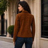 Women’s Brown Suede Trucker Jacket | Classic Leather Shirt Jacket Style