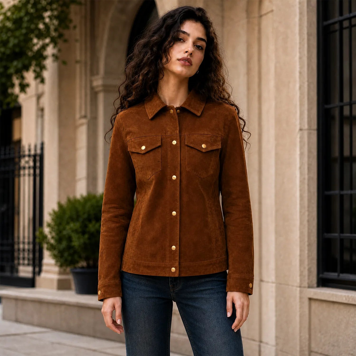 Women’s Brown Suede Trucker Jacket | Classic Leather Shirt Jacket Style