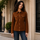 Women’s Brown Suede Trucker Jacket | Classic Leather Shirt Jacket Style