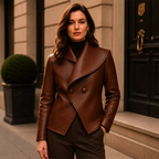 Women’s Brown Wrap Leather Jacket | Asymmetric Button Front Coat
