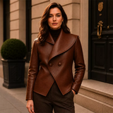Women’s Brown Wrap Leather Jacket | Asymmetric Button Front Coat