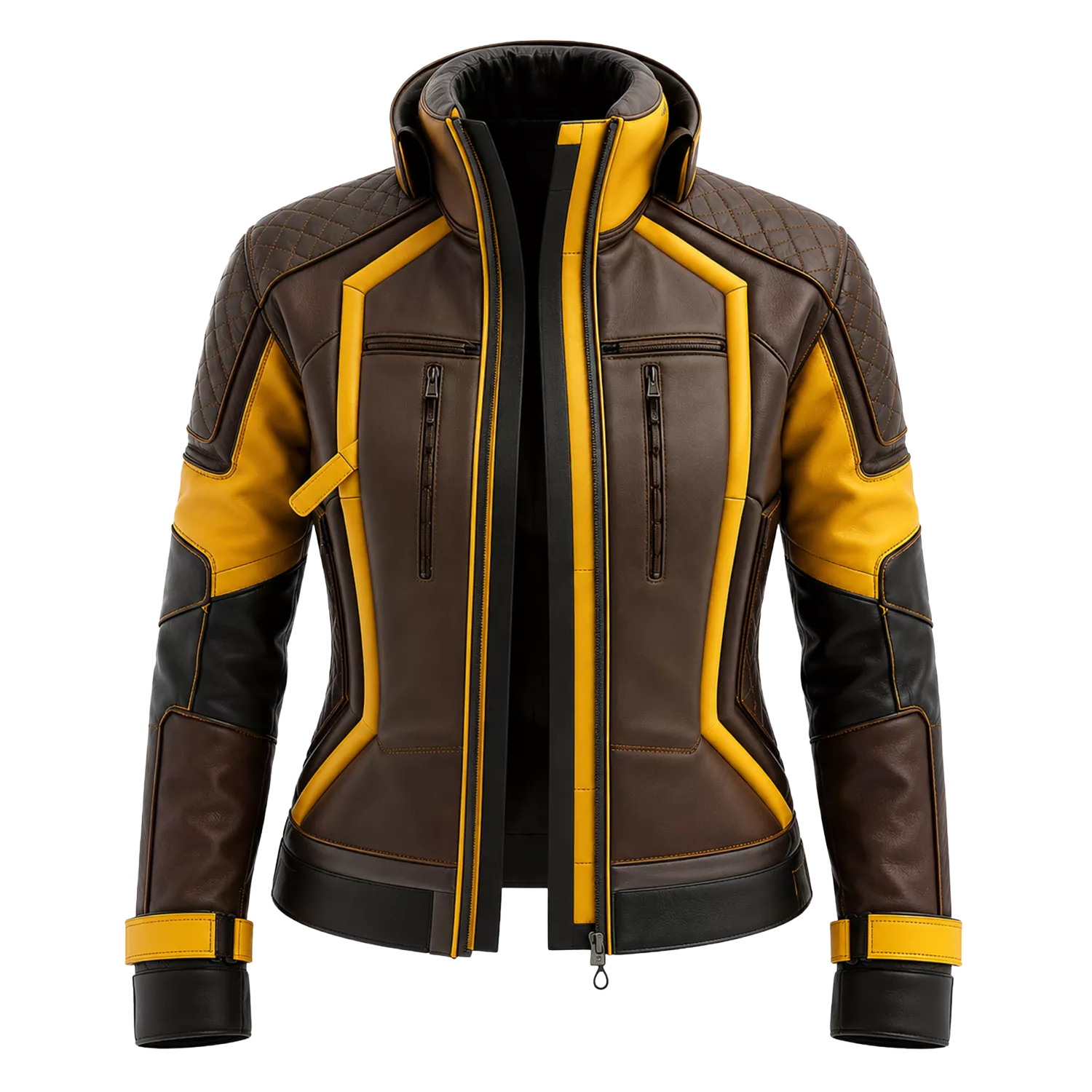 Women's Brown Yellow Leather Moto Jacket | High Collar Biker Style Jacket