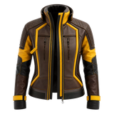 Women's Brown Yellow Leather Moto Jacket | High Collar Biker Style Jacket