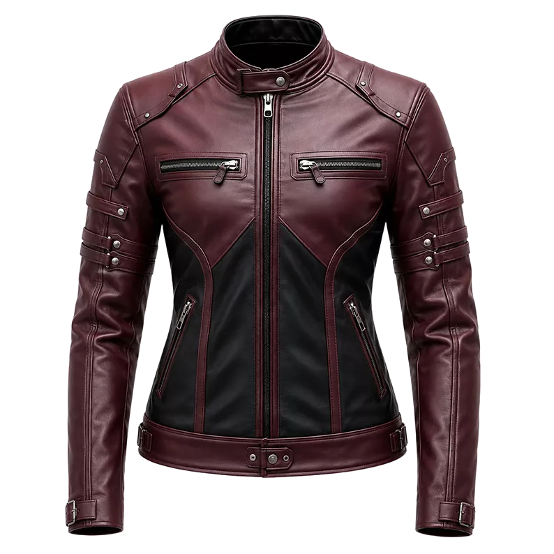 Women’s Burgundy Black Leather Biker Jacket | Moto Style Zip Jacket