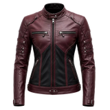 Women’s Burgundy Black Leather Biker Jacket | Moto Style Zip Jacket
