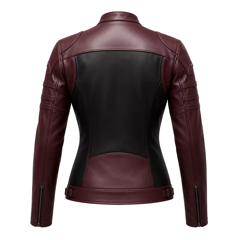 Women’s Burgundy Black Leather Biker Jacket | Moto Style Zip Jacket