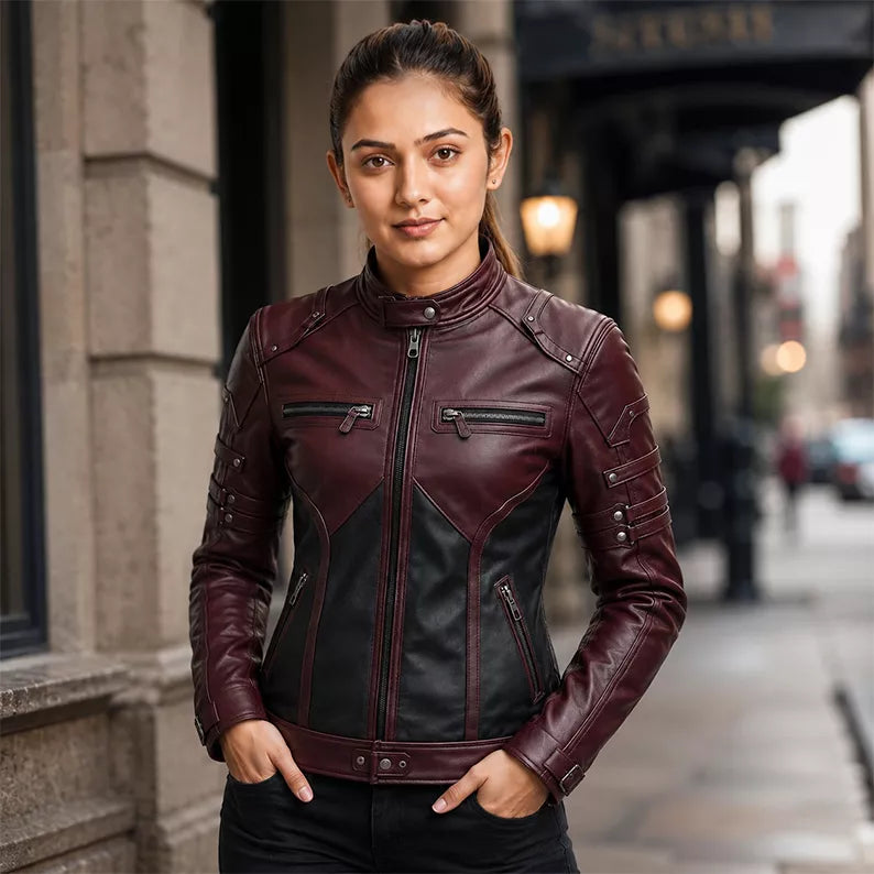 Women’s Burgundy Black Leather Biker Jacket | Moto Style Zip Jacket