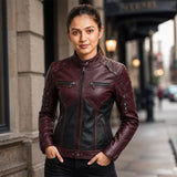 Women’s Burgundy Black Leather Biker Jacket | Moto Style Zip Jacket