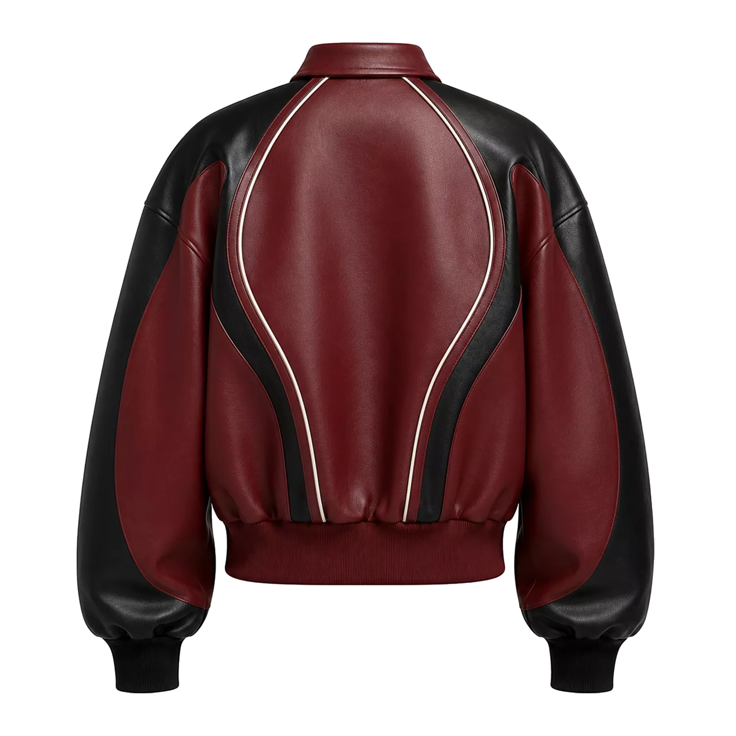 Women's Burgundy Black Leather Bomber Jacket | Zip-Up Contrast Panel Jacket