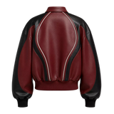 Women's Burgundy Black Leather Bomber Jacket | Zip-Up Contrast Panel Jacket