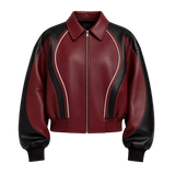 Women's Burgundy Black Leather Bomber Jacket | Zip-Up Contrast Panel Jacket