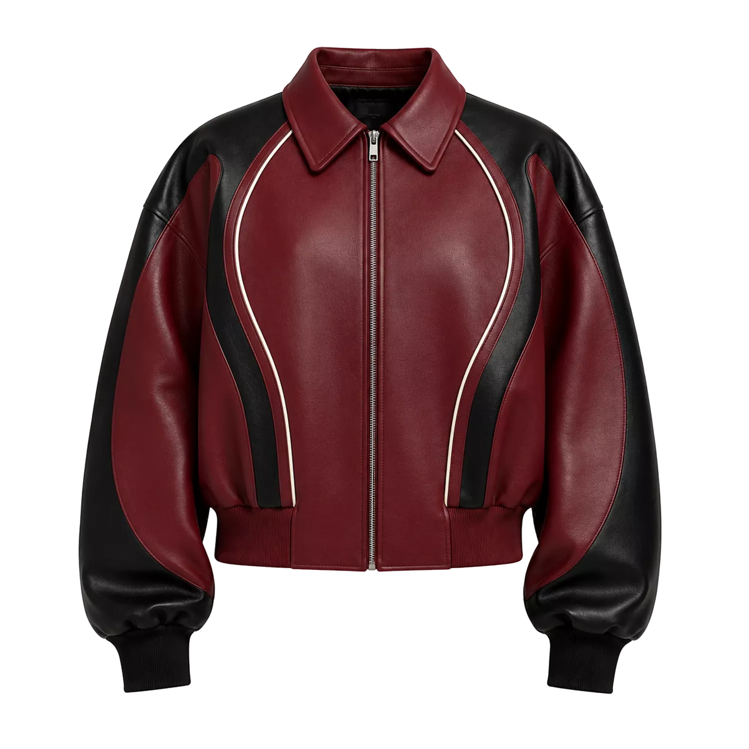 Women's Burgundy Black Leather Bomber Jacket | Zip-Up Contrast Panel Jacket