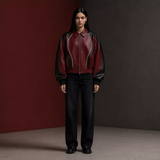Women's Burgundy Black Leather Bomber Jacket | Zip-Up Contrast Panel Jacket