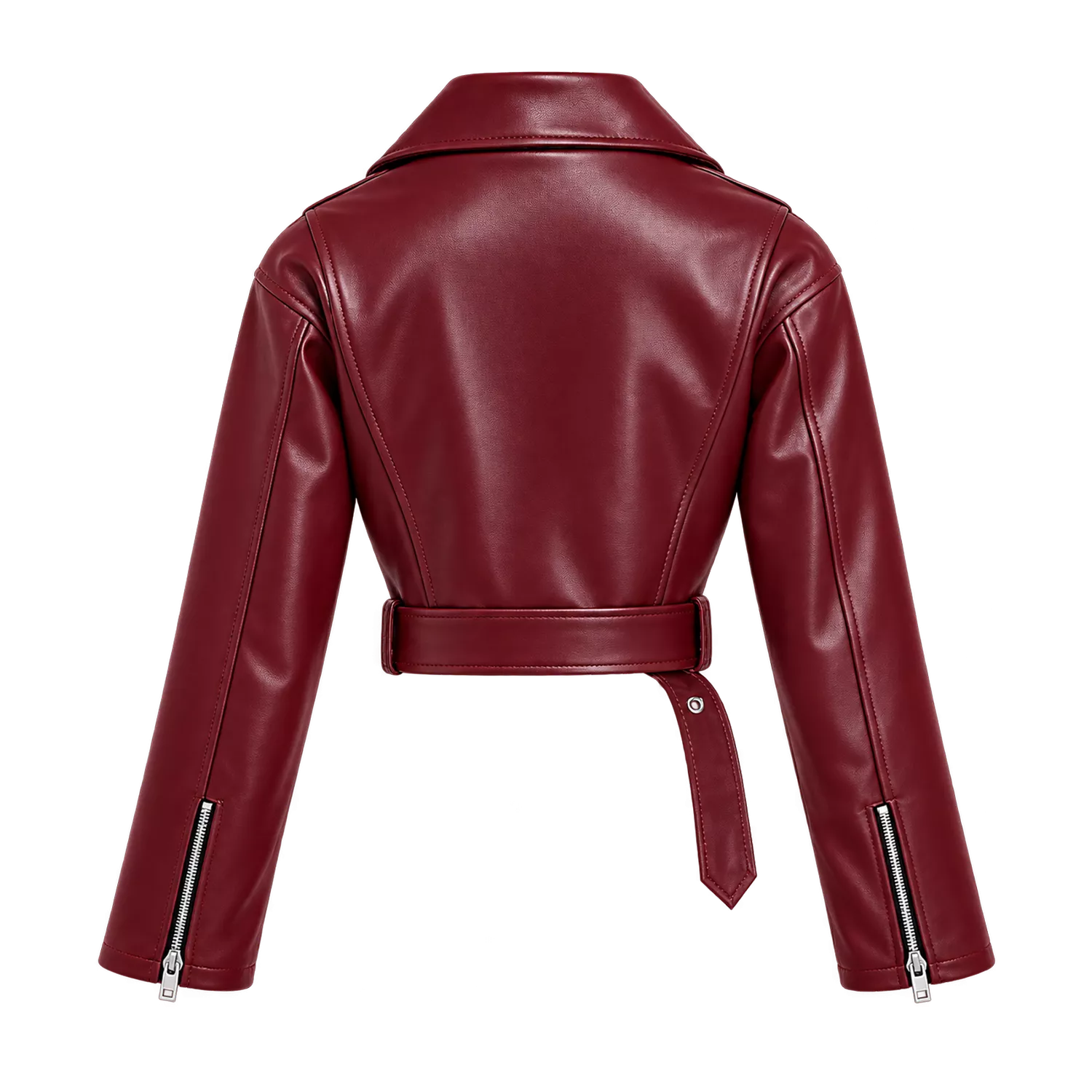 Women’s Burgundy Cropped Leather Biker Jacket | Belted Moto Style