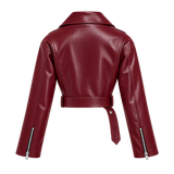 Women’s Burgundy Cropped Leather Biker Jacket | Belted Moto Style