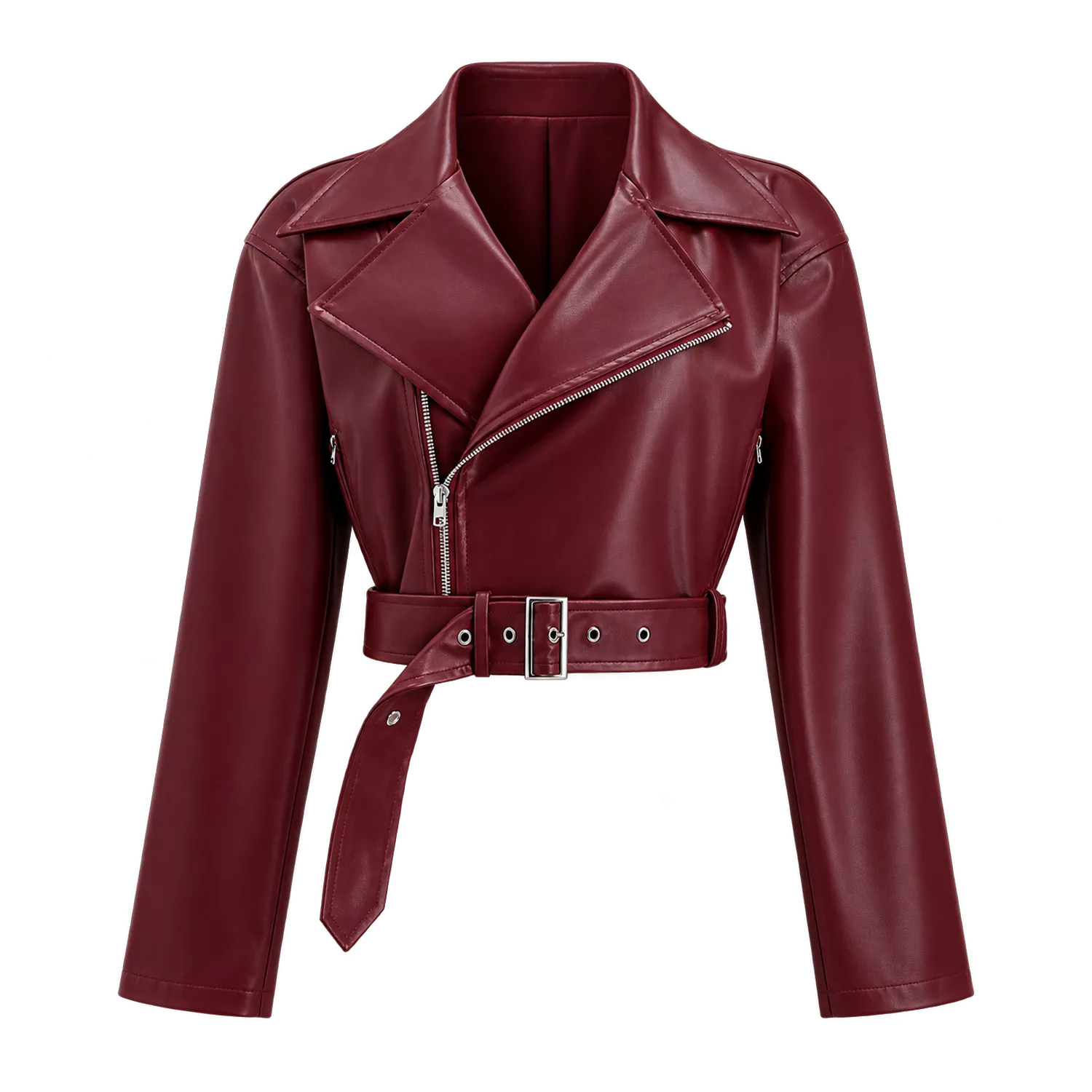 Women’s Burgundy Cropped Leather Biker Jacket | Belted Moto Style