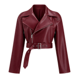 Women’s Burgundy Cropped Leather Biker Jacket | Belted Moto Style