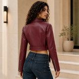 Women’s Burgundy Cropped Leather Biker Jacket | Belted Moto Style