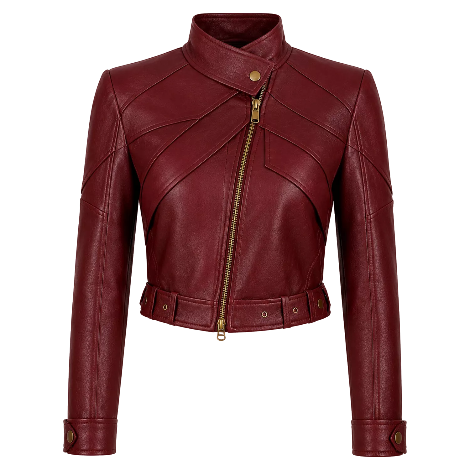 Women’s Burgundy Cropped Leather Biker Jacket | Asymmetrical Zip Moto Jacket