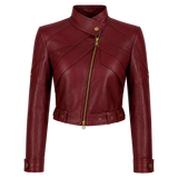 Women’s Burgundy Cropped Leather Biker Jacket | Asymmetrical Zip Moto Jacket