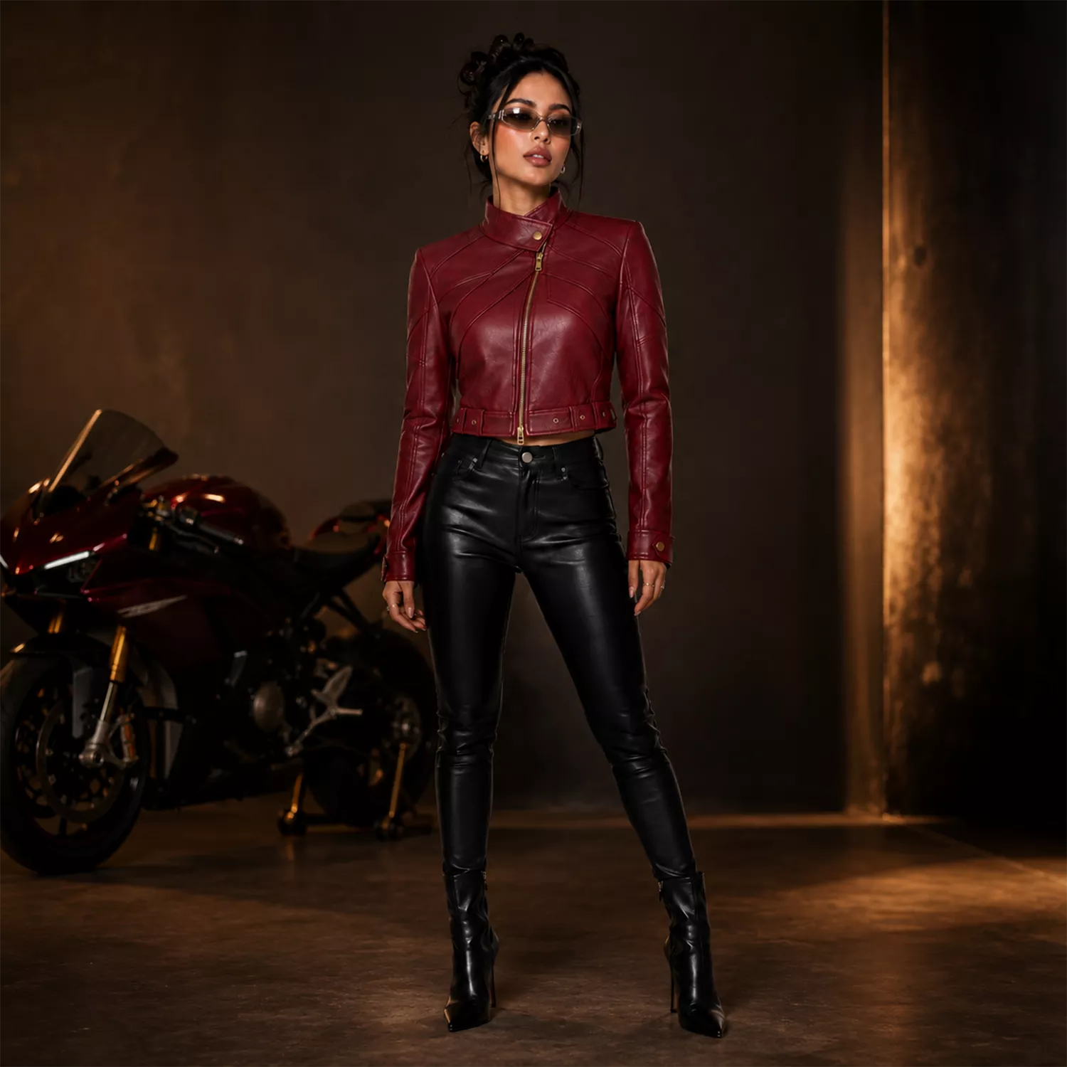 Women’s Burgundy Cropped Leather Biker Jacket | Asymmetrical Zip Moto Jacket
