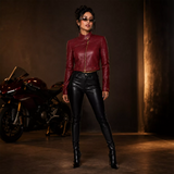 Women’s Burgundy Cropped Leather Biker Jacket | Asymmetrical Zip Moto Jacket