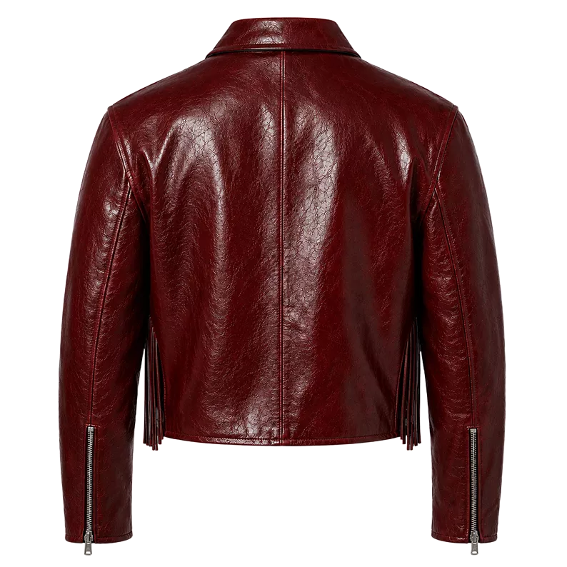 Women’s Burgundy Leather Jacket with Zip Front | Glossy Cropped Moto Jacket