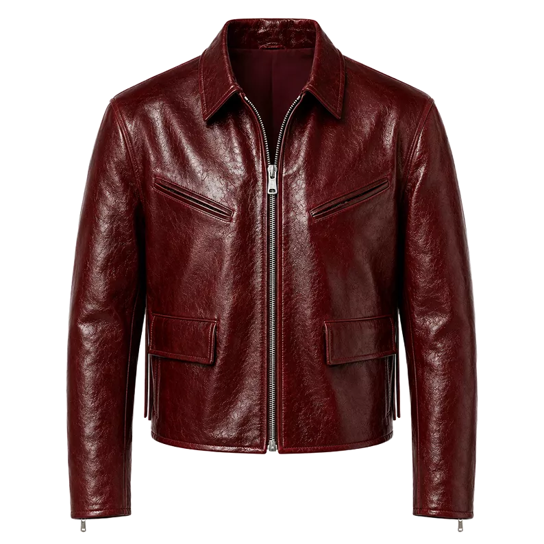 Women’s Burgundy Leather Jacket with Zip Front | Glossy Cropped Moto Jacket