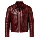 Women’s Burgundy Leather Jacket with Zip Front | Glossy Cropped Moto Jacket