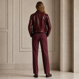 Women’s Burgundy Leather Jacket with Zip Front | Glossy Cropped Moto Jacket