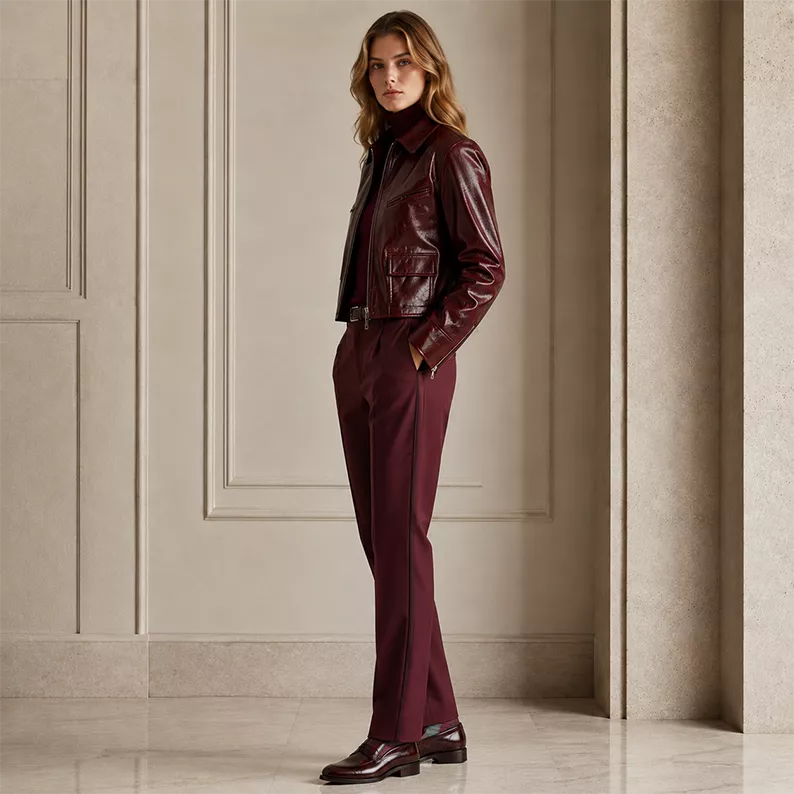 Women’s Burgundy Leather Jacket with Zip Front | Glossy Cropped Moto Jacket